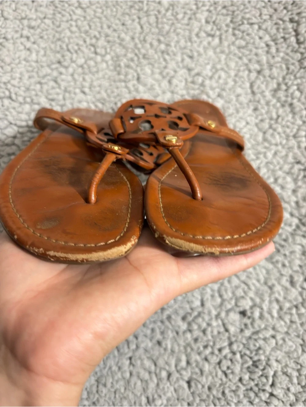 Tory Burch Miller Sandals 8.5 Brown Leather Slides Thong Medallion